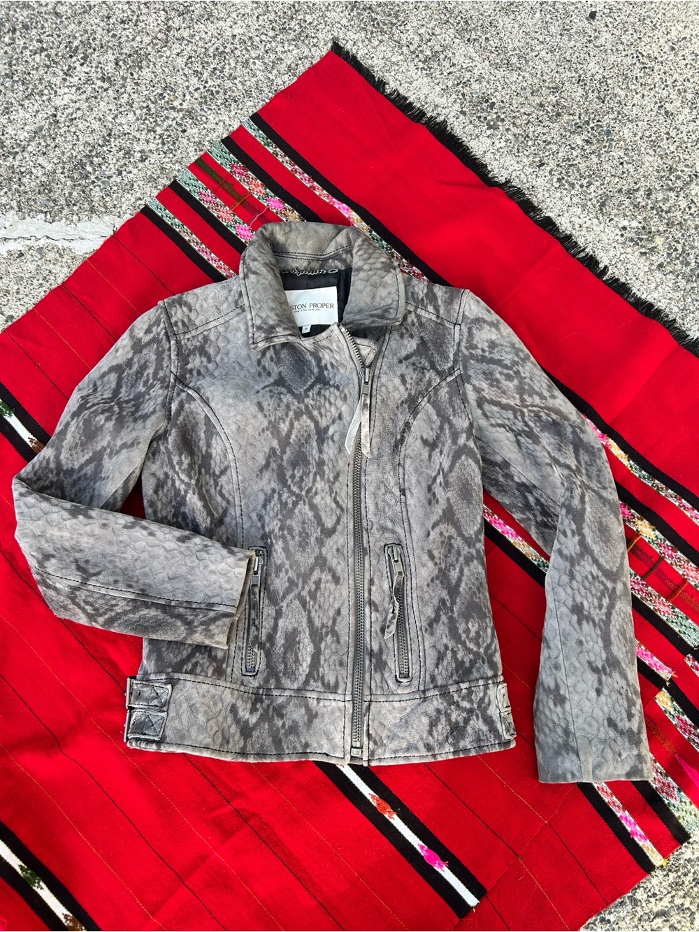 Boston Proper Gray Snake-Print Leather Jacket